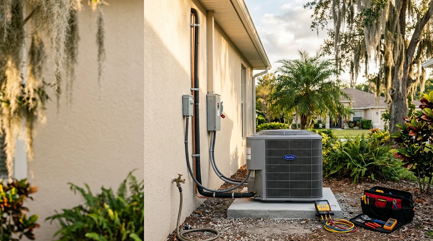 HVAC technician installing an air conditioning unit on a residential home