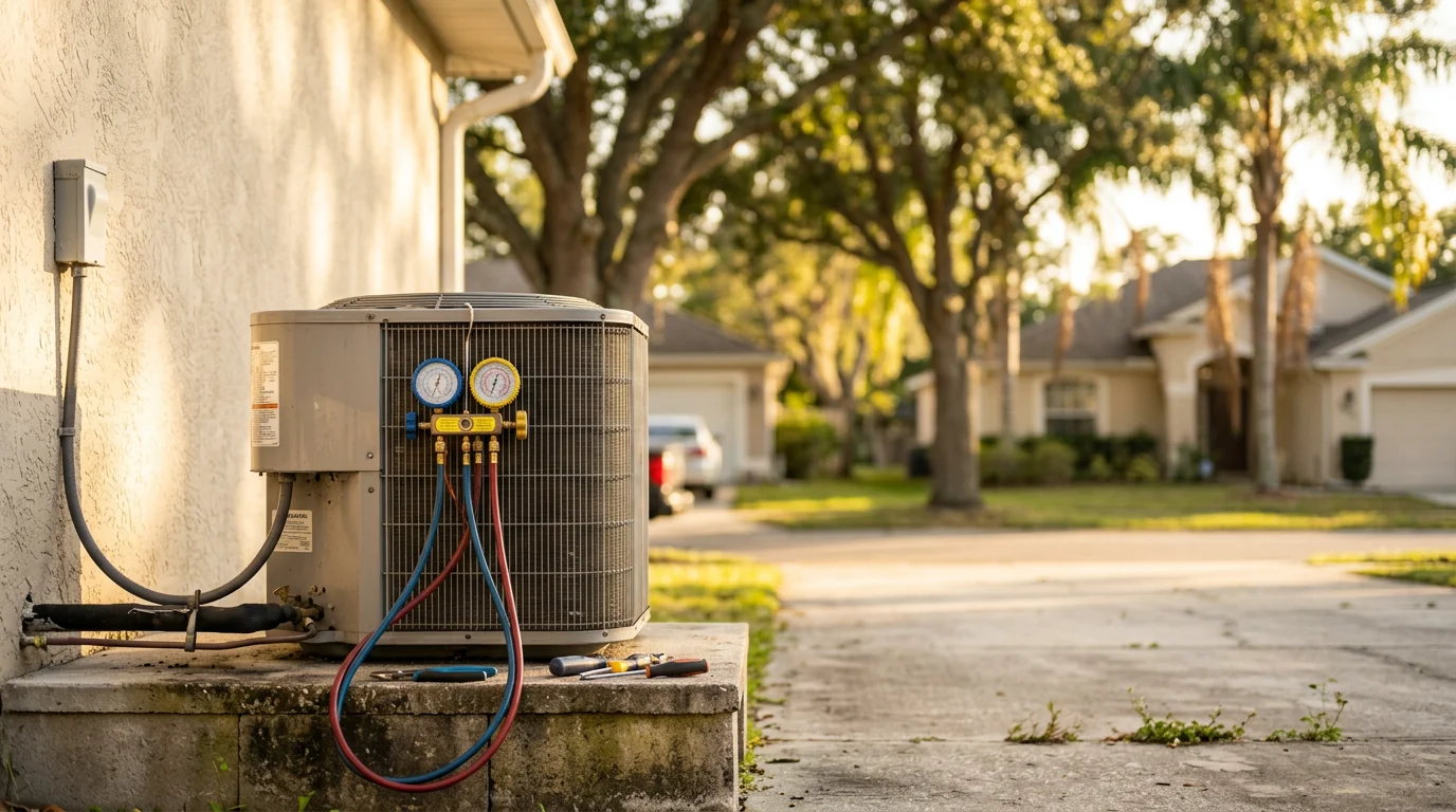 HVAC technician performing air conditioning repair on a residential unit