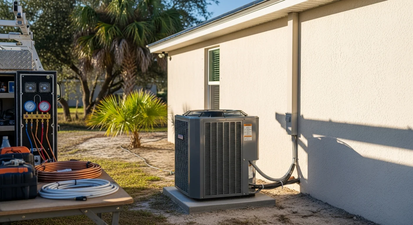 HVAC technician servicing air conditioning unit