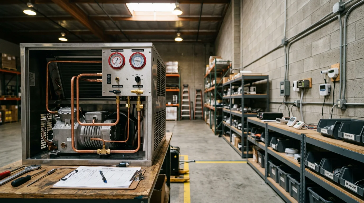 Commercial refrigeration technician servicing a walk-in cooler at a food service facility in central Florida