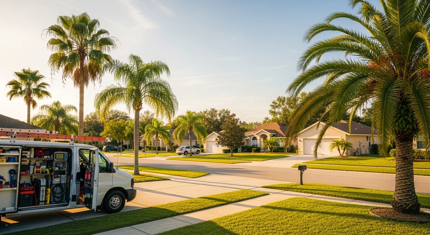 Lakeland residential street with palm trees and well-maintained homes in afternoon sunlight.