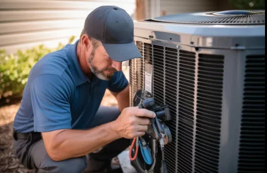 A Temperature Solutions HVAC technician completing an outdoor condenser unit installation at a single-family home in Lakeland, FL. The unit is mounted on a concrete pad beside the home's exterior wall under a clear Florida sky.