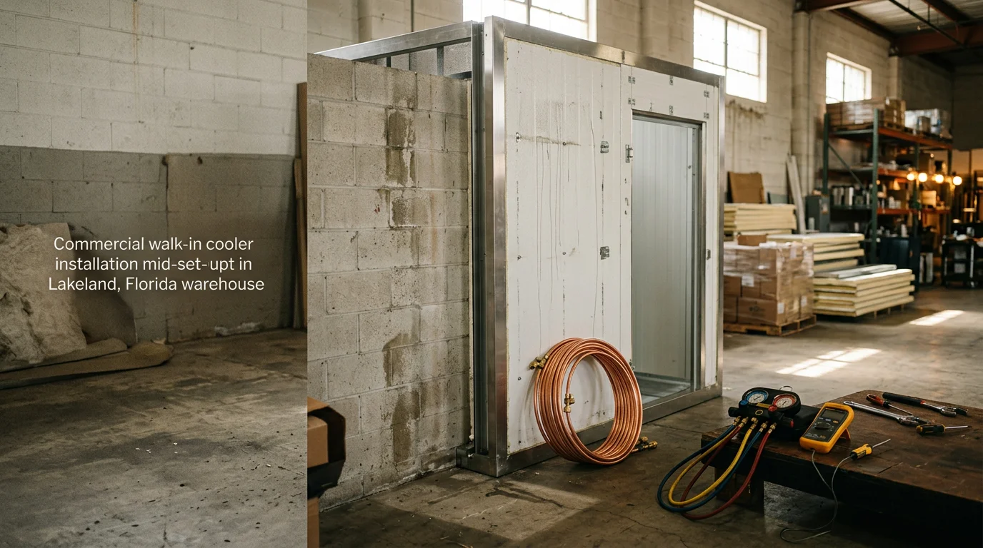 Commercial refrigeration system installation at a food service facility in Lakeland, Florida.