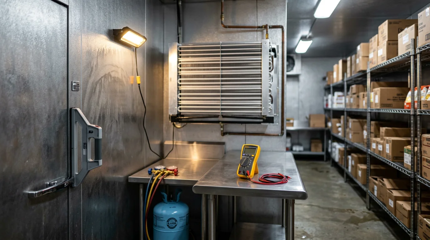 Walk-in cooler interior at a commercial food service facility in Lakeland, Florida, showing shelving and refrigeration equipment.