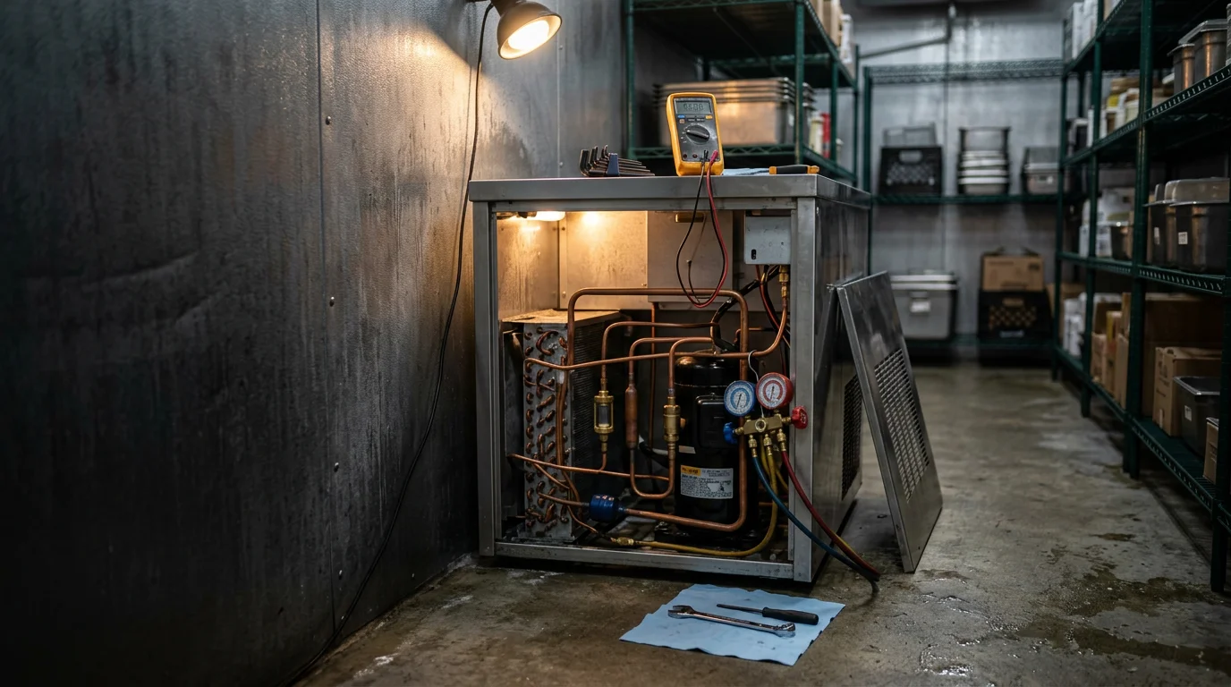 Technician performing scheduled maintenance on a commercial refrigeration system in a Lakeland, Florida facility.
