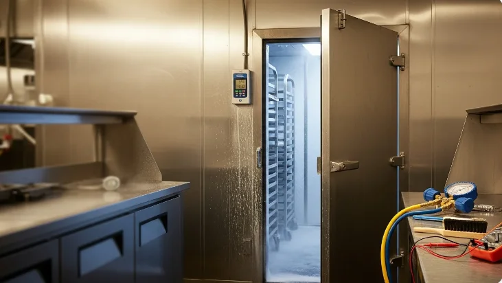 A commercial walk-in freezer unit with the door open showing organized shelving and frost-free interior walls inside a Lakeland, FL food service facility. A refrigeration contractor inspects the evaporator coil panel during a routine service visit.