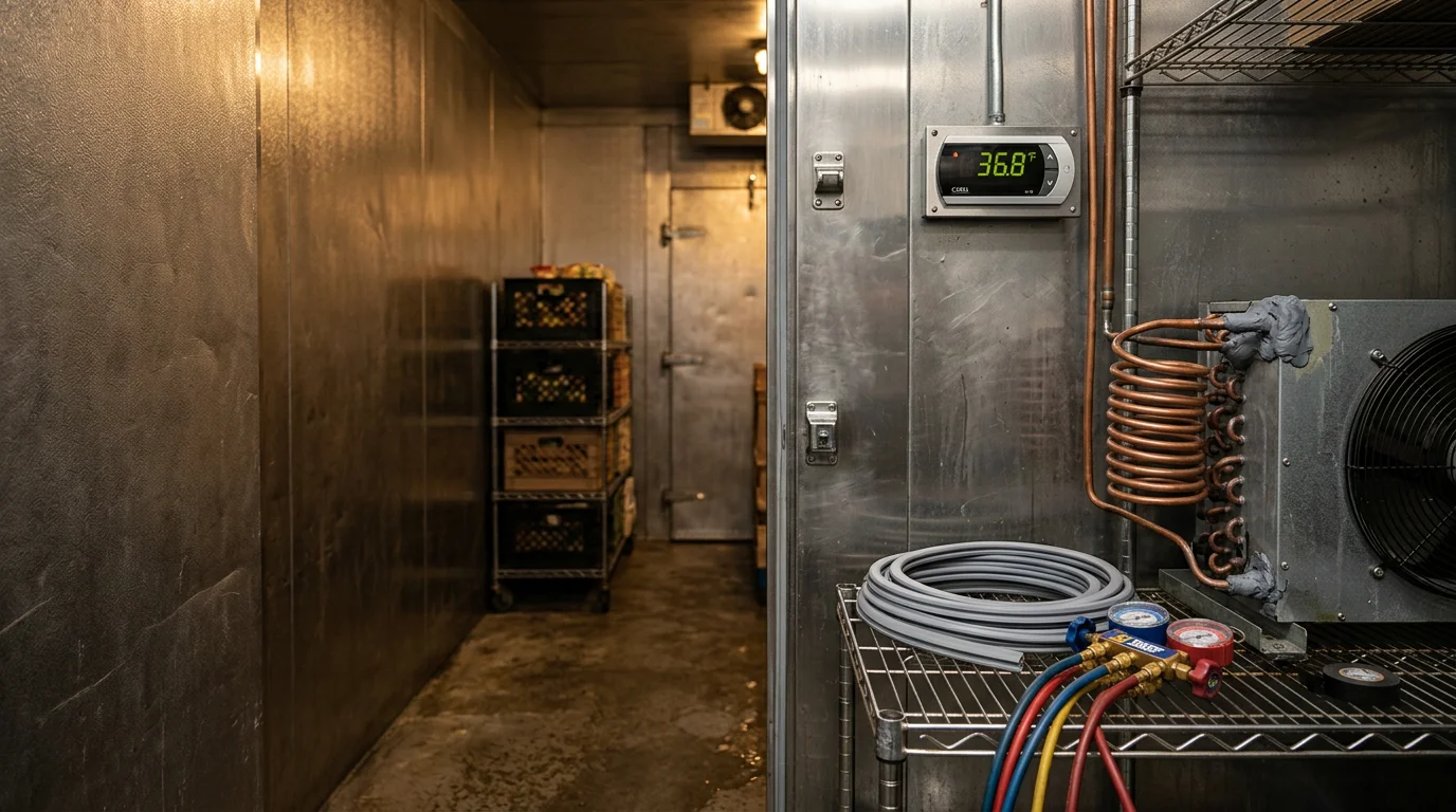 A commercial walk-in cooler unit with stainless steel shelving and a closed insulated door, representing walk-in refrigeration service in Lakeland, FL. The exterior condenser and refrigeration lines are visible against the wall of a commercial facility in Polk County.